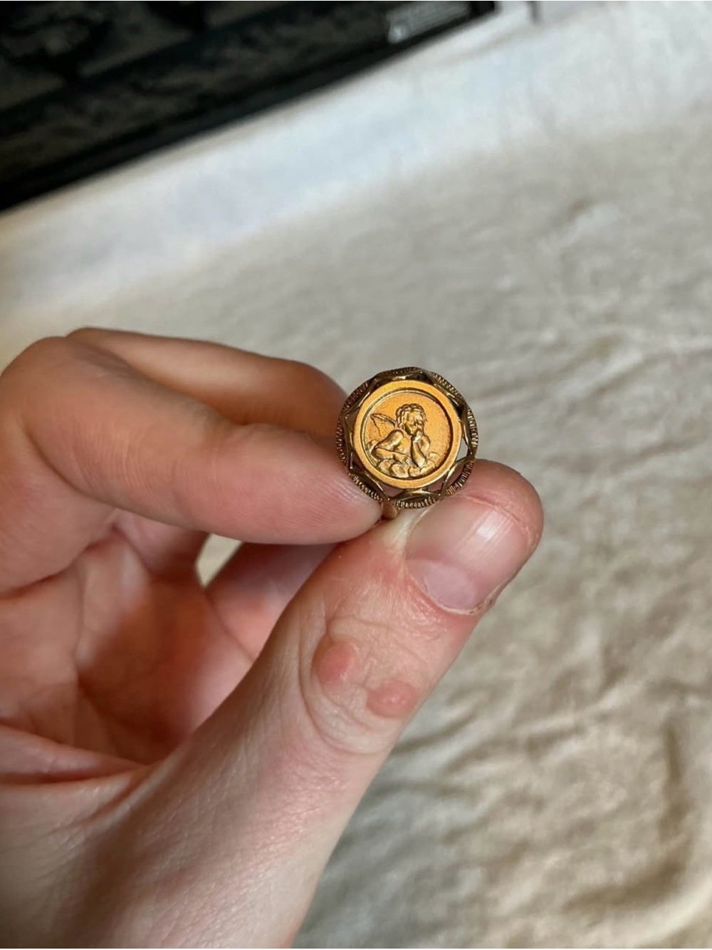 RAPHEL'S ANGEL SIGNET RING 10K YELLOW GOLD SIZE 7 VINTAGE SISTINE CHERUB PUTTI